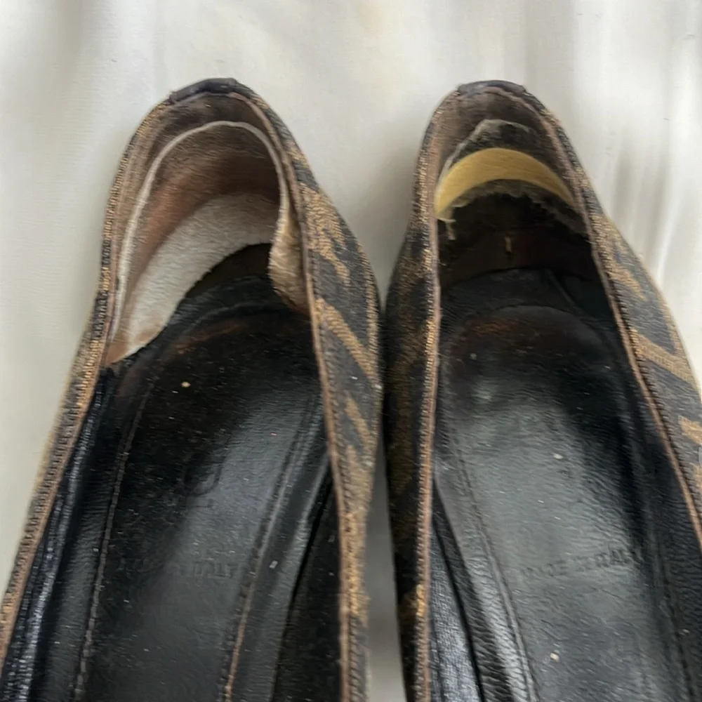 Fendi Zucca Print with big metal FF logo wedge size 36 1/2 / 6 1/2 with flaws